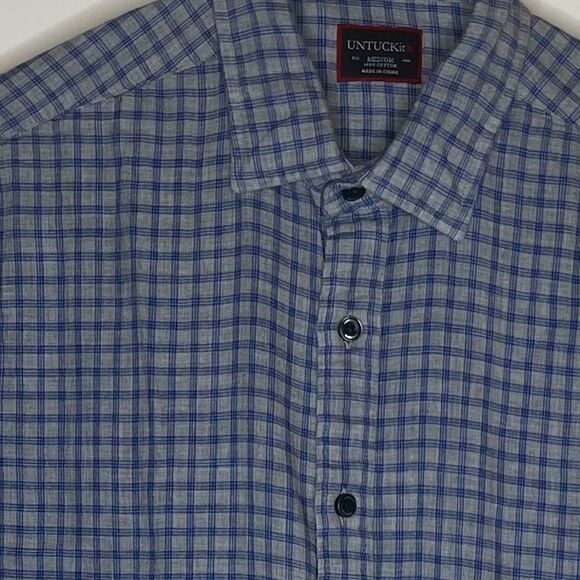 UNTUCKit Blue and White Plaid Long Sleeve Button Down Cotton Shirt Size Medium - Picture 5 of 5